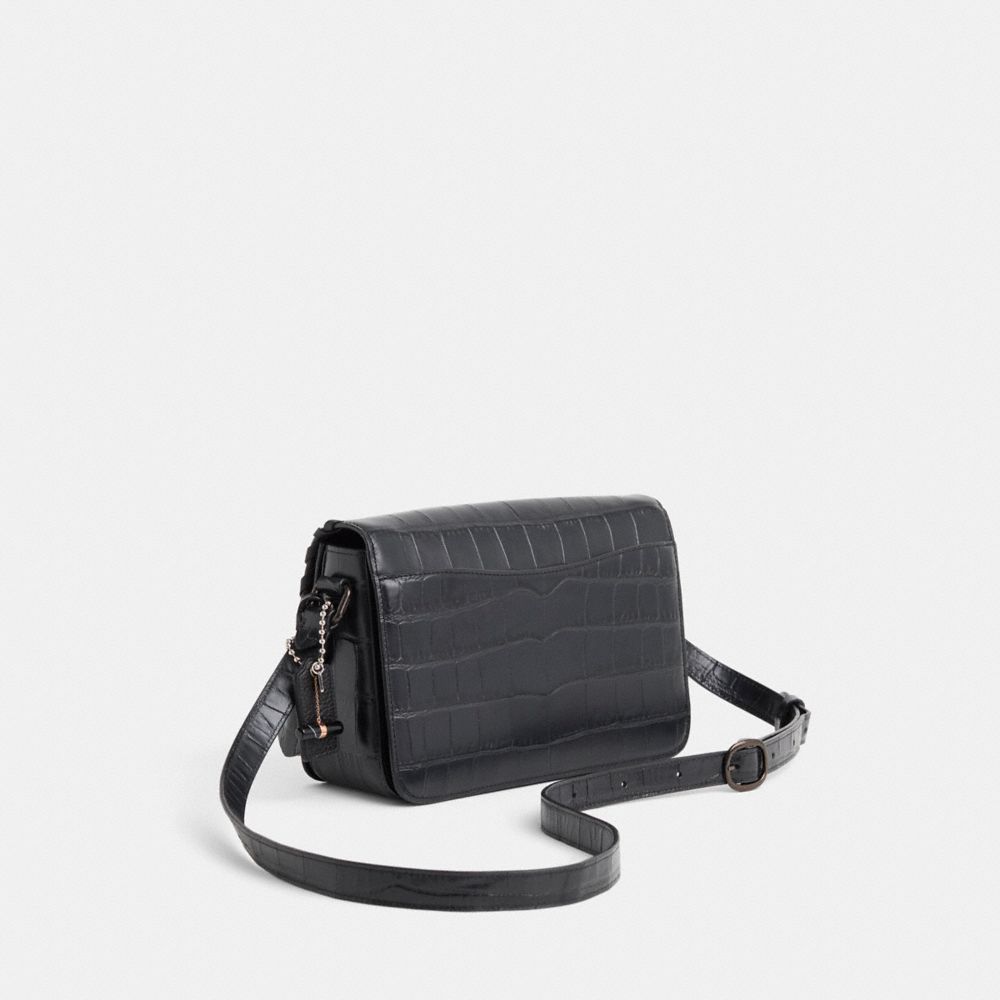 COACH®,Upcrafted Studio Shoulder Bag,Crocodile,Shoulder Bag,Logo,Metal,Whipstitch,Adjustable,Gunmetal,Day Party,Black,Angle View