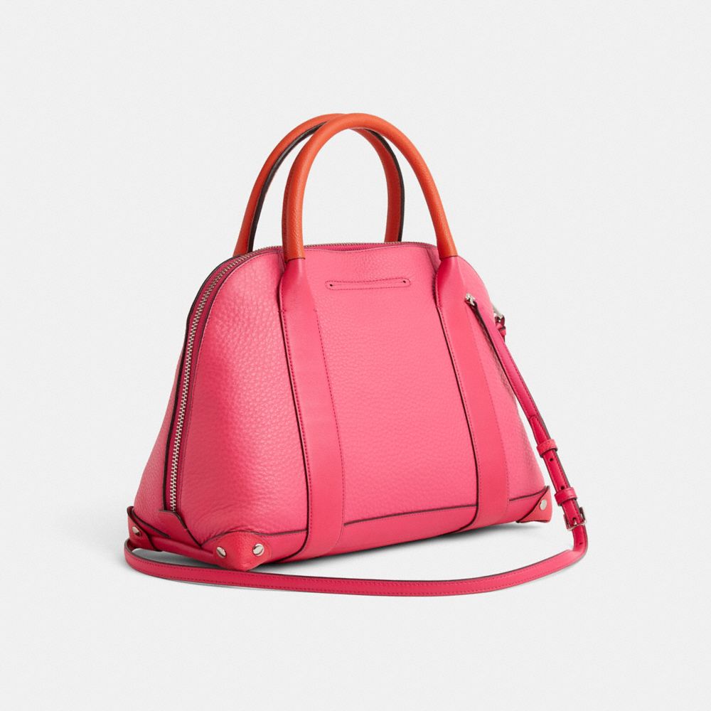 COACH®,Upcrafted Bleecker Preston Satchel,Leather,Bowler Bag,Logo,Metal,Word Embellishment,Studded,Whipstitch,Silver Metal...,Fuchsia,Angle View
