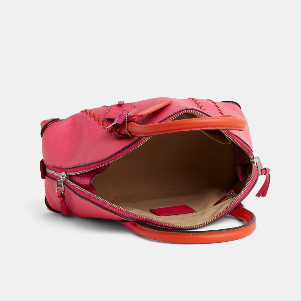COACH®,Upcrafted Bleecker Preston Satchel,Leather,Bowler Bag,Logo,Metal,Word Embellishment,Studded,Whipstitch,Silver Metal...,Fuchsia,Inside View,Top View