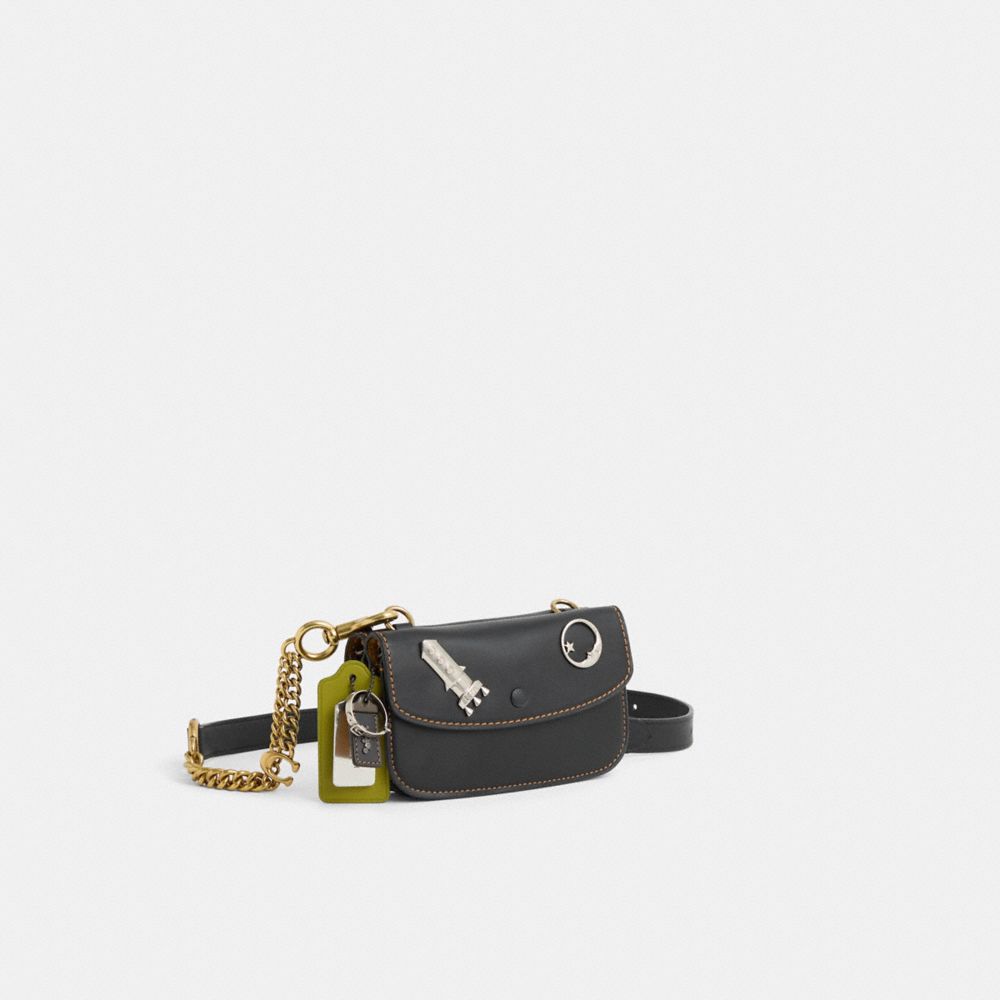 COACH®,Upcrafted Double Up Crossbody Creation,Leather,Crossbody,Applique,3D Embellishment,Metal,Logo,Vegan,Casual,Black,Angle View