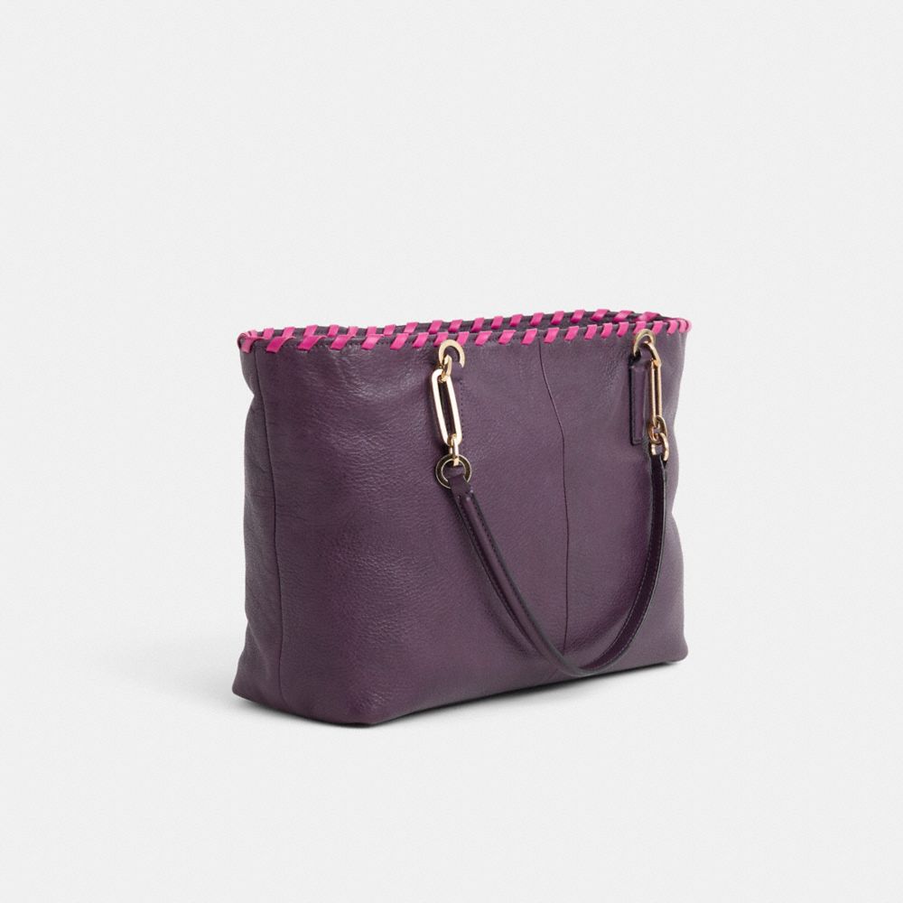 COACH®,Upcrafted Madison East West Tote,Leather,Tote,Whipstitch,Metal,Logo,Chain Detail,Gold Metal,Casual,Purple,Angle View