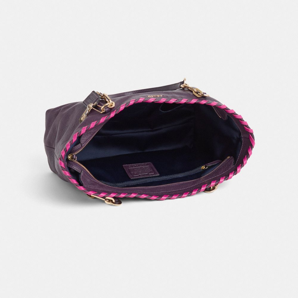 COACH®,Upcrafted Madison East West Tote,Leather,Tote,Whipstitch,Metal,Logo,Chain Detail,Gold Metal,Casual,Purple,Inside View,Top View