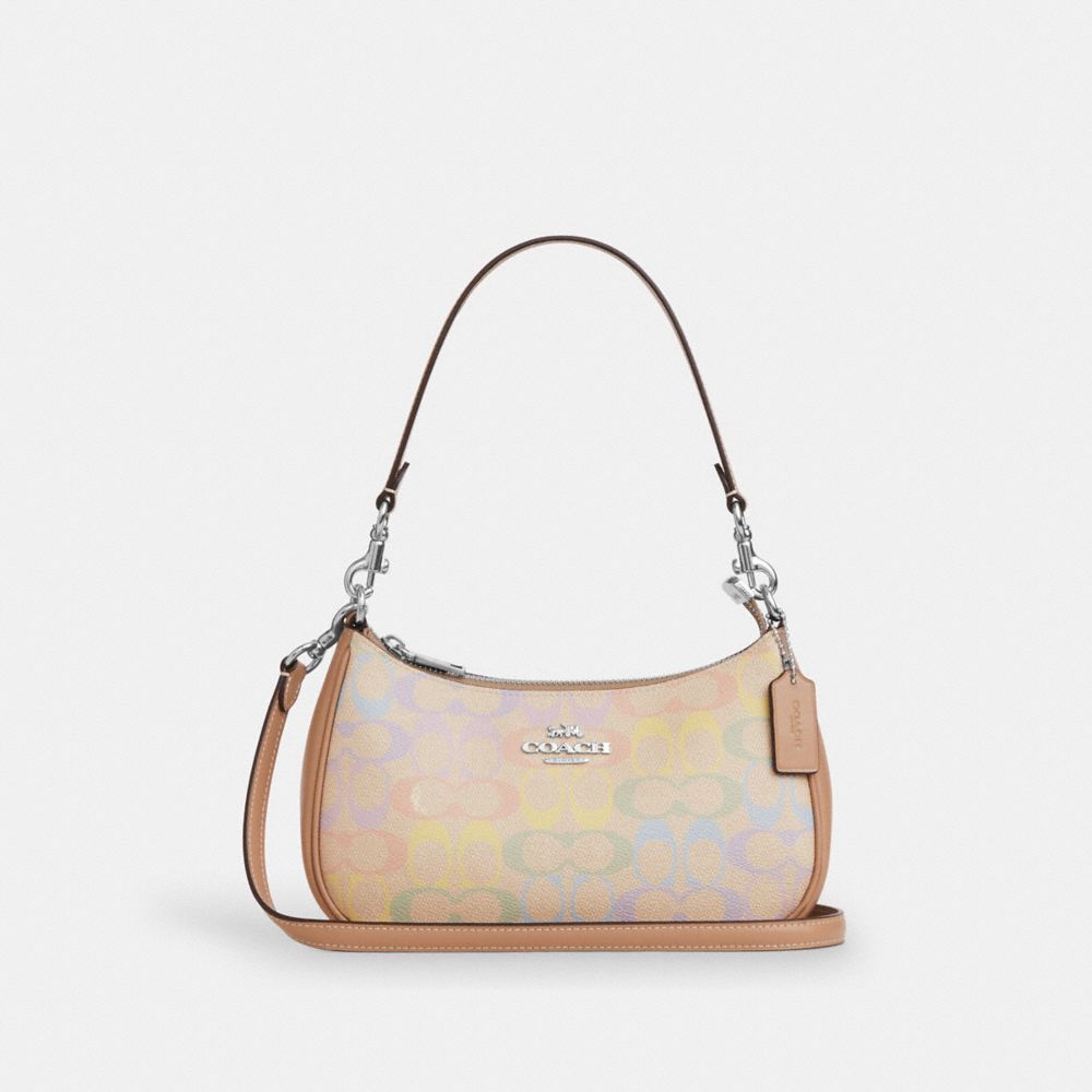COACH®,Teri Shoulder Bag In Rainbow Signature Canvas,Canvas,Shoulder Bag,Metal,Color Block,Logo,Casual,Beige,Front View