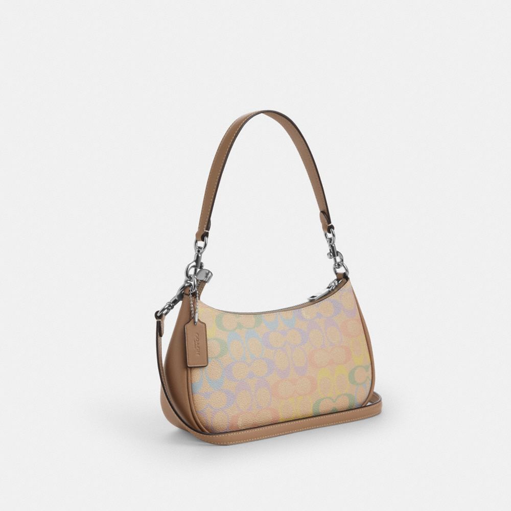 COACH®,Teri Shoulder Bag In Rainbow Signature Canvas,Canvas,Shoulder Bag,Metal,Color Block,Logo,Casual,Beige,Angle View