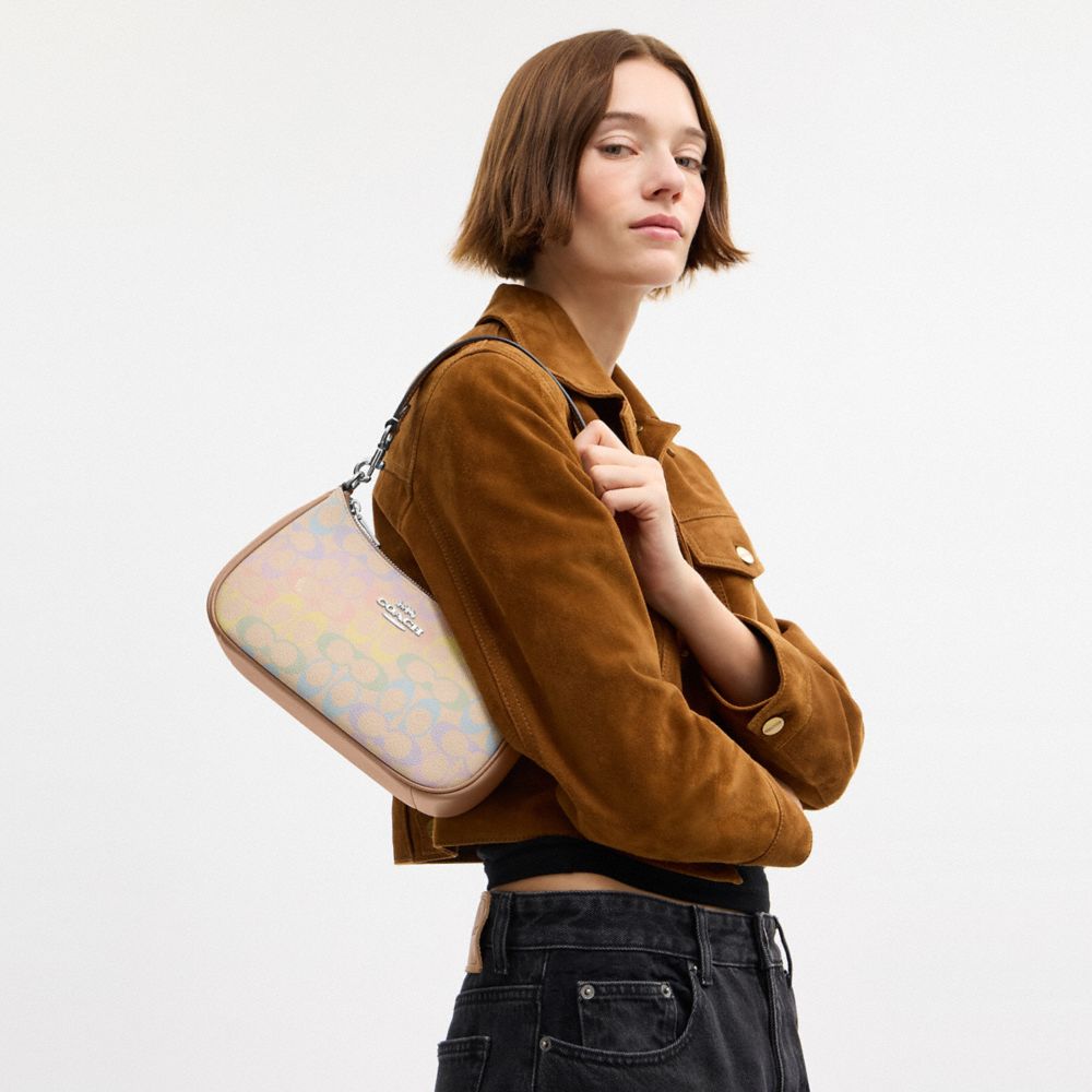 COACH®,Teri Shoulder Bag In Rainbow Signature Canvas,Canvas,Shoulder Bag,Metal,Color Block,Logo,Casual,Beige