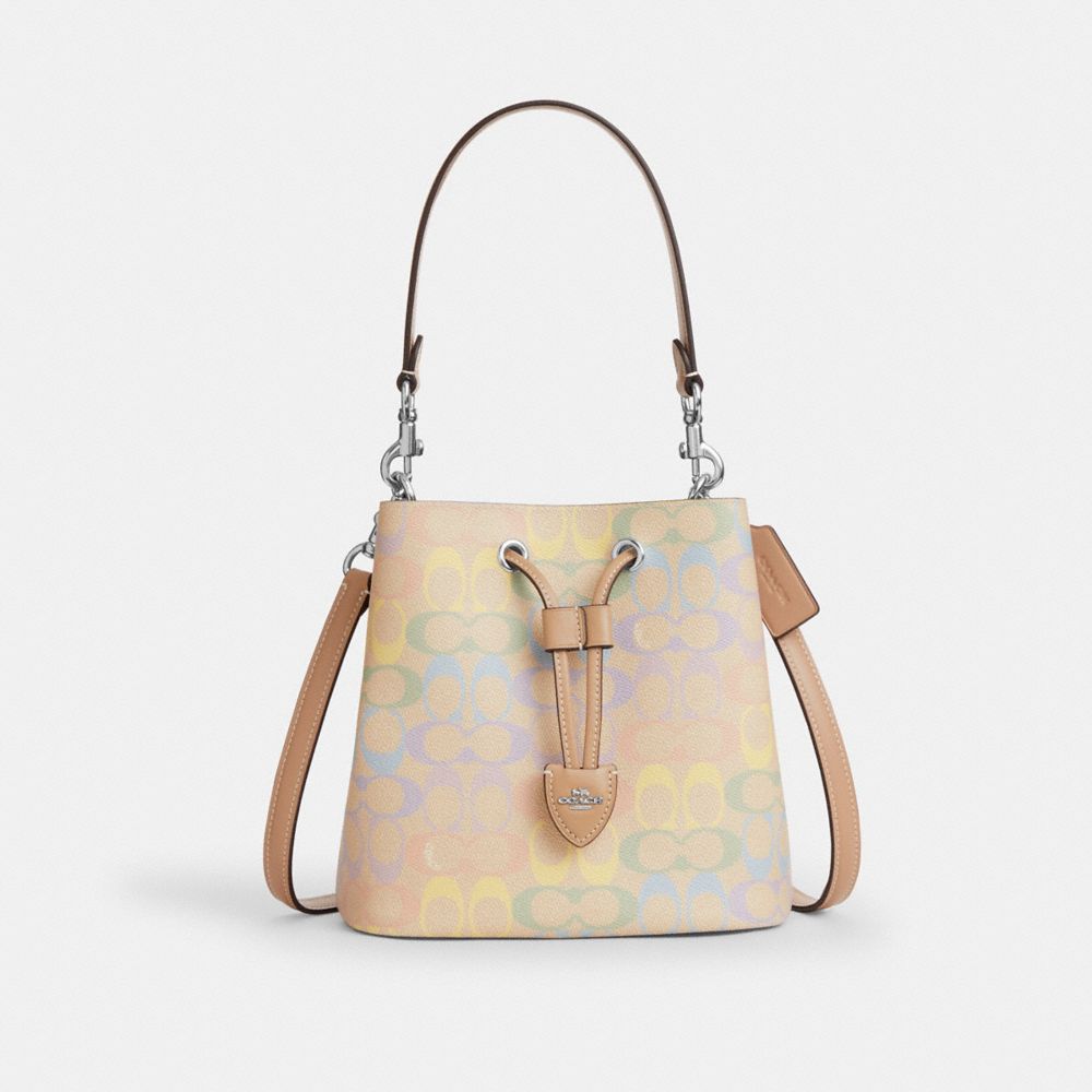 COACH®,Rowan Bucket Bag In Rainbow Signature Canvas,Bucket,Logo,Casual,Beige,Front View