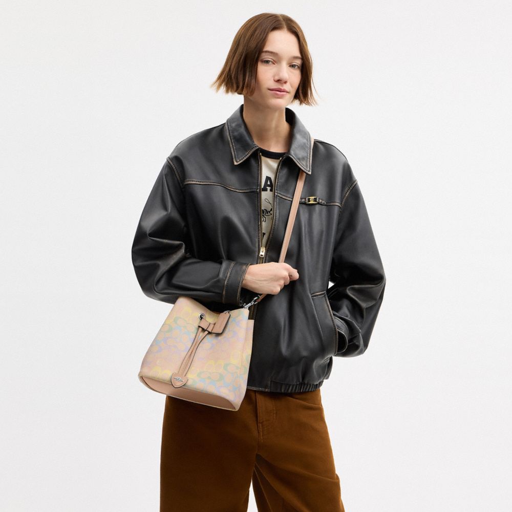 COACH®,Rowan Bucket Bag In Rainbow Signature Canvas,Bucket,Logo,Casual,Beige