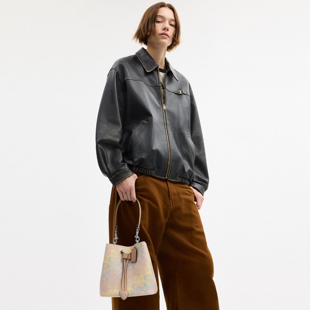 COACH®,Rowan Bucket Bag In Rainbow Signature Canvas,Bucket,Logo,Casual,Beige,Detail View