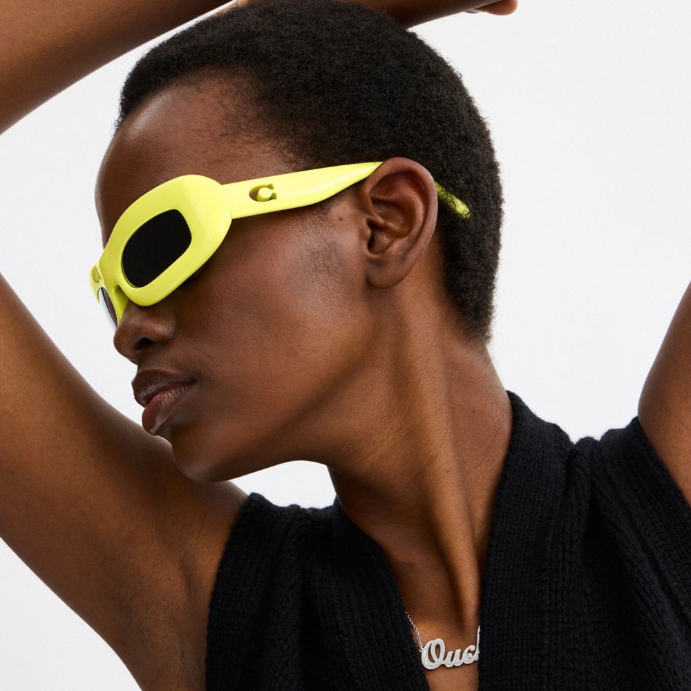 COACH®,Chunky Narrow Rectangle Sunglasses,Rectangle,Plastic,Metal,Integrated Nose Pads,Casual,Gray,Detail View