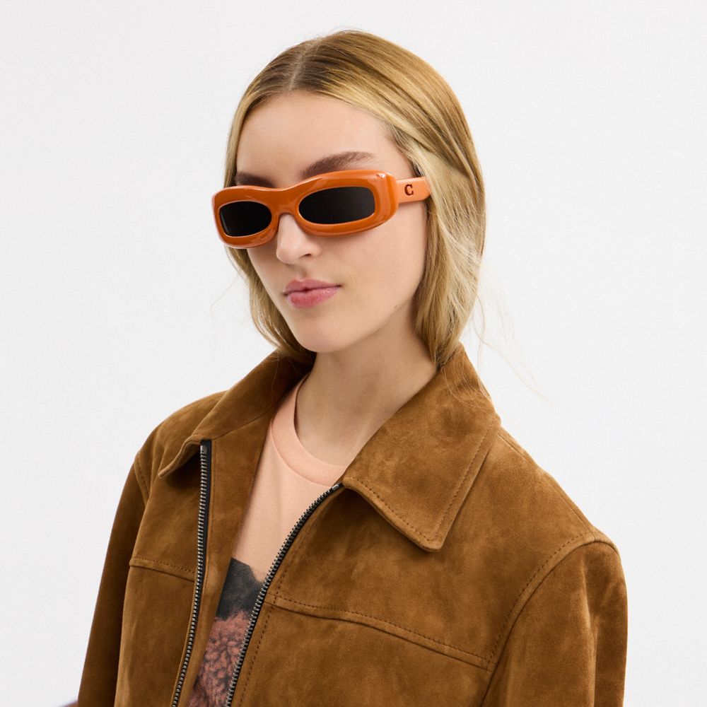 COACH®,Chunky Narrow Rectangle Sunglasses,Rectangle,Plastic,Metal,Integrated Nose Pads,Casual,Gray,Detail View