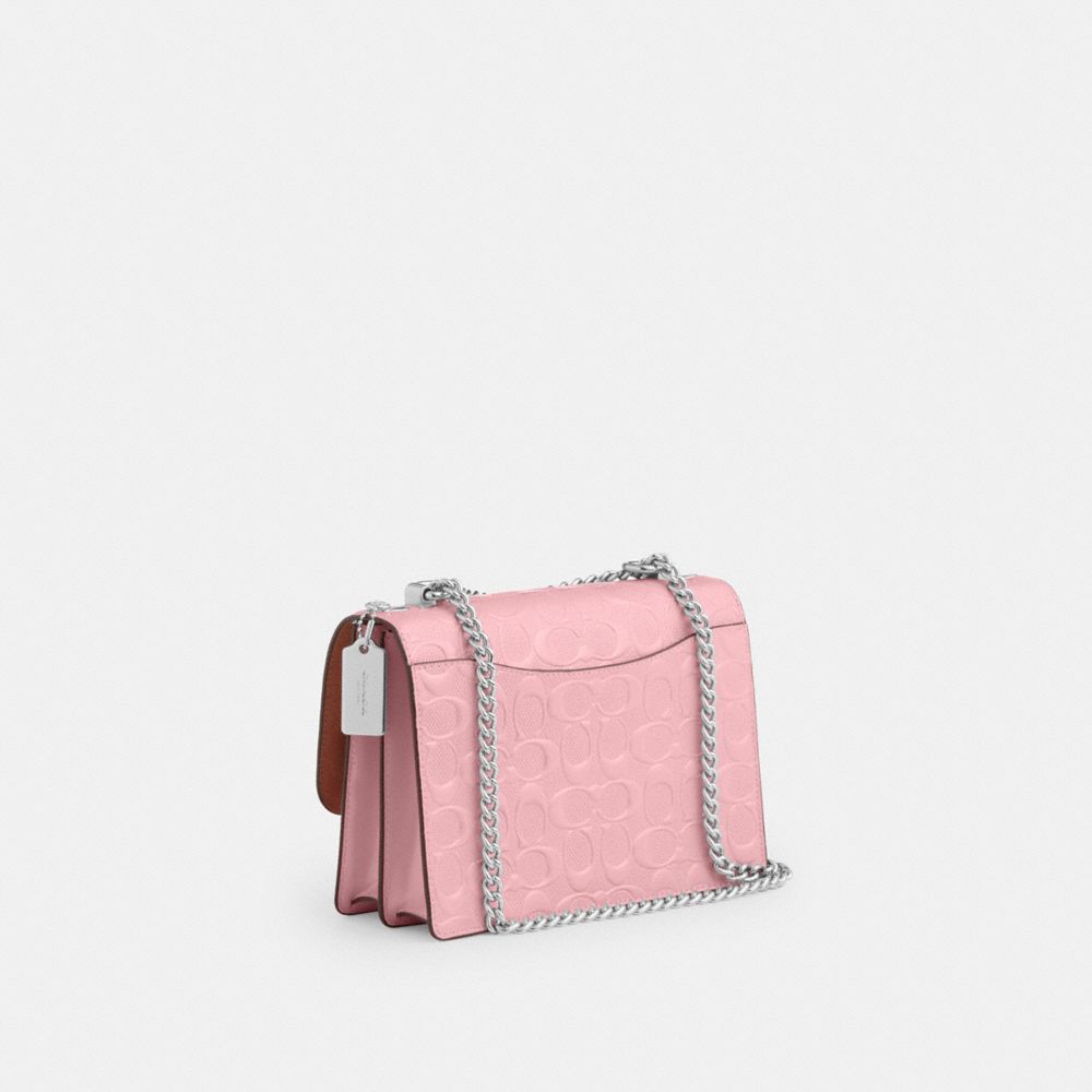 COACH®,Klare Crossbody Bag In Signature Leather,Leather,Crossbody,Logo,Metal,Silver Metal,Day Party,Pink,Angle View