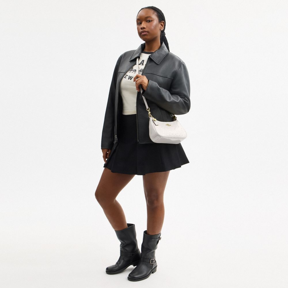 COACH®,Teri Shoulder Bag In Signature Leather With Heart Charm,Leather,Shoulder Bag,Logo,Rhinestones,Heart Embellishment,M...,White,Detail View