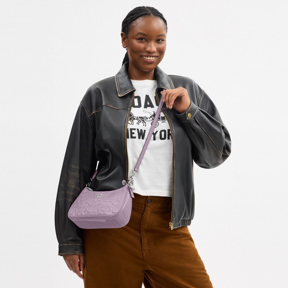 COACH®,Teri Shoulder Bag In Signature Leather With Heart Charm,Leather,Shoulder Bag,Logo,Rhinestones,Heart Embellishment,M...,Lavender,Detail View