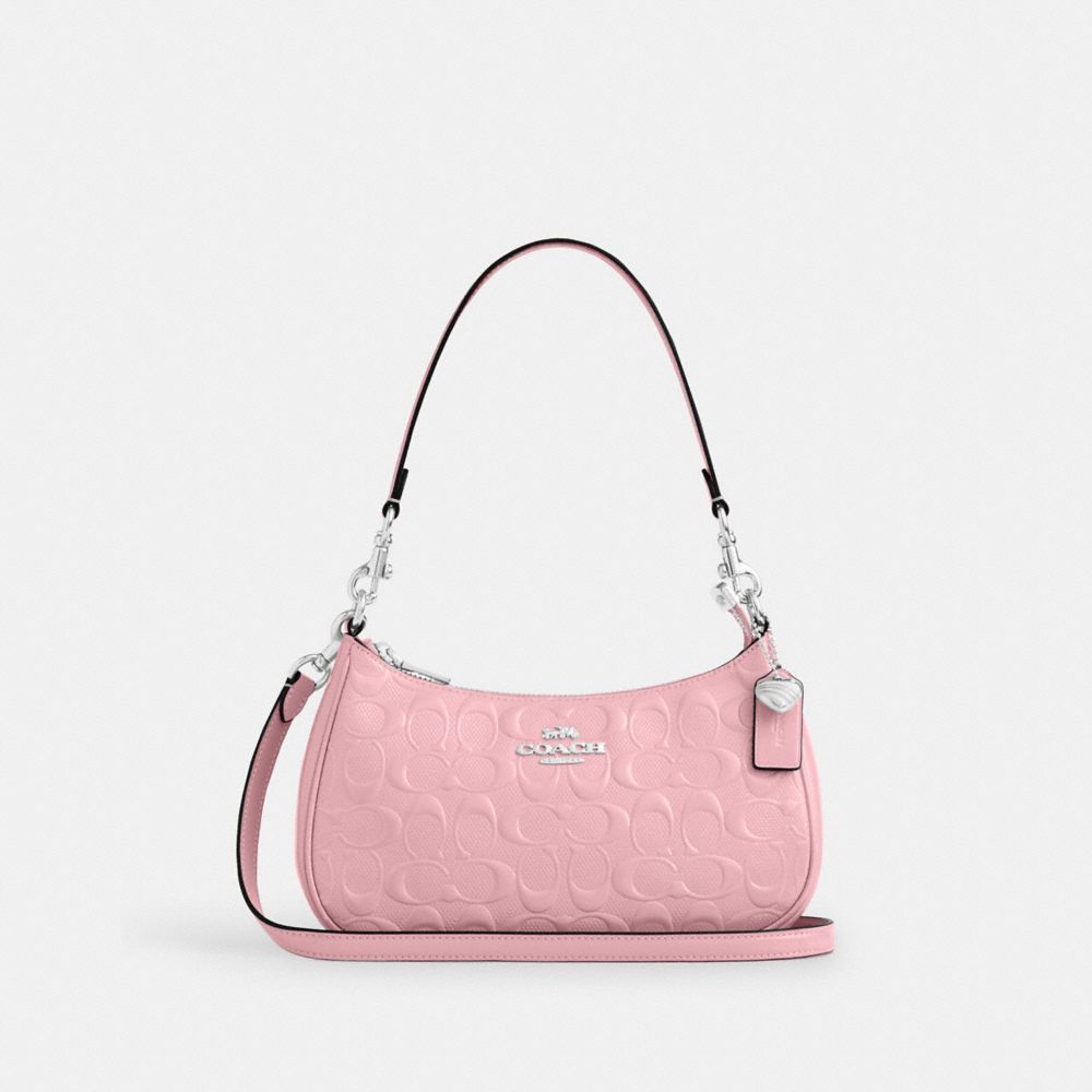 COACH®,Teri Shoulder Bag In Signature Leather With Heart Charm,Leather,Shoulder Bag,Logo,Rhinestones,Heart Embellishment,M...,Pink,Front View