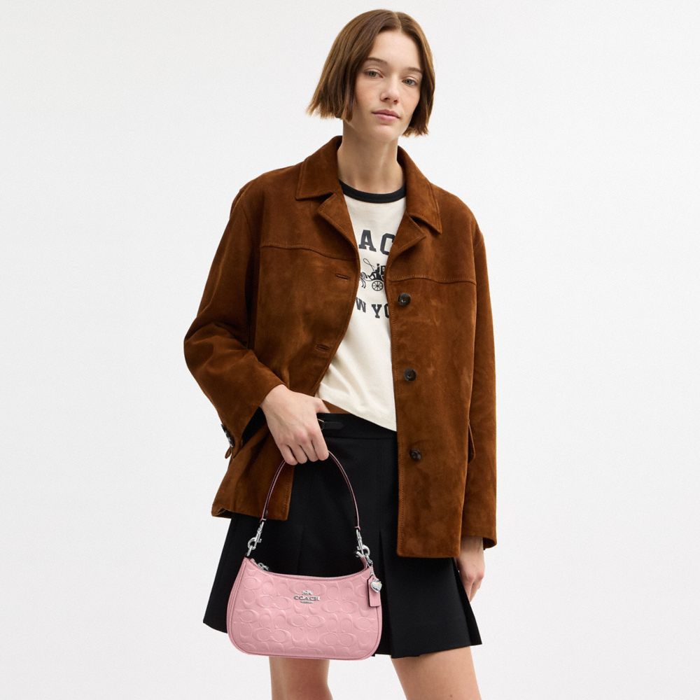 COACH®,Teri Shoulder Bag In Signature Leather With Heart Charm,Leather,Shoulder Bag,Logo,Rhinestones,Heart Embellishment,M...,Pink