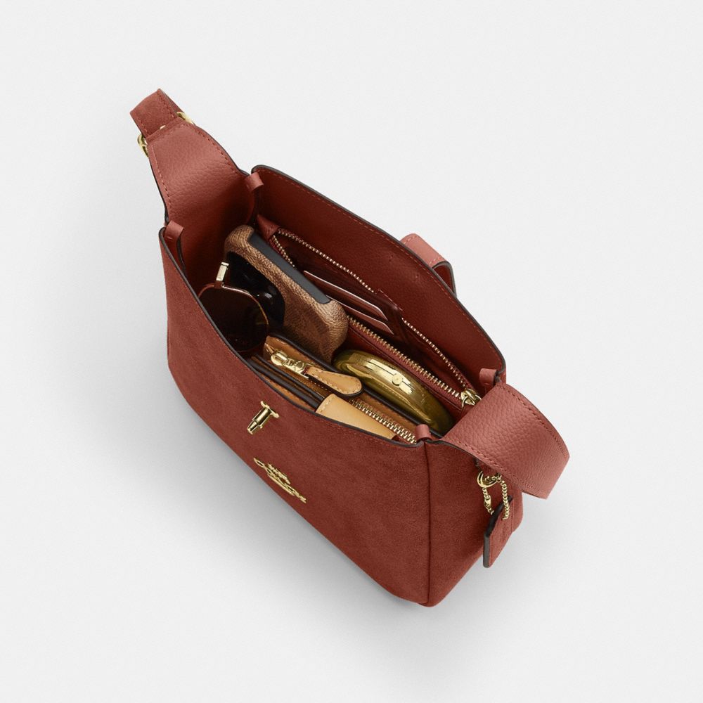 COACH®,Hadley Mini Crossbody Bag,Suede,Leather,Crossbody,Logo,Metal,Adjustable,Casual,Brown,Inside View,Top View