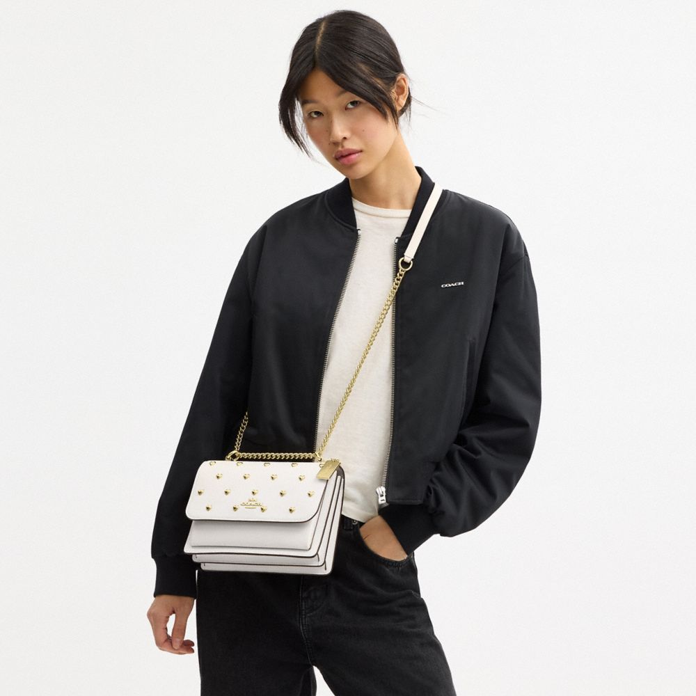 COACH®,Klare Crossbody Bag With Heart Rivets,Leather,Crossbody,Logo,Metal,Heart Embellishment,Gold Metal,Day Party,White