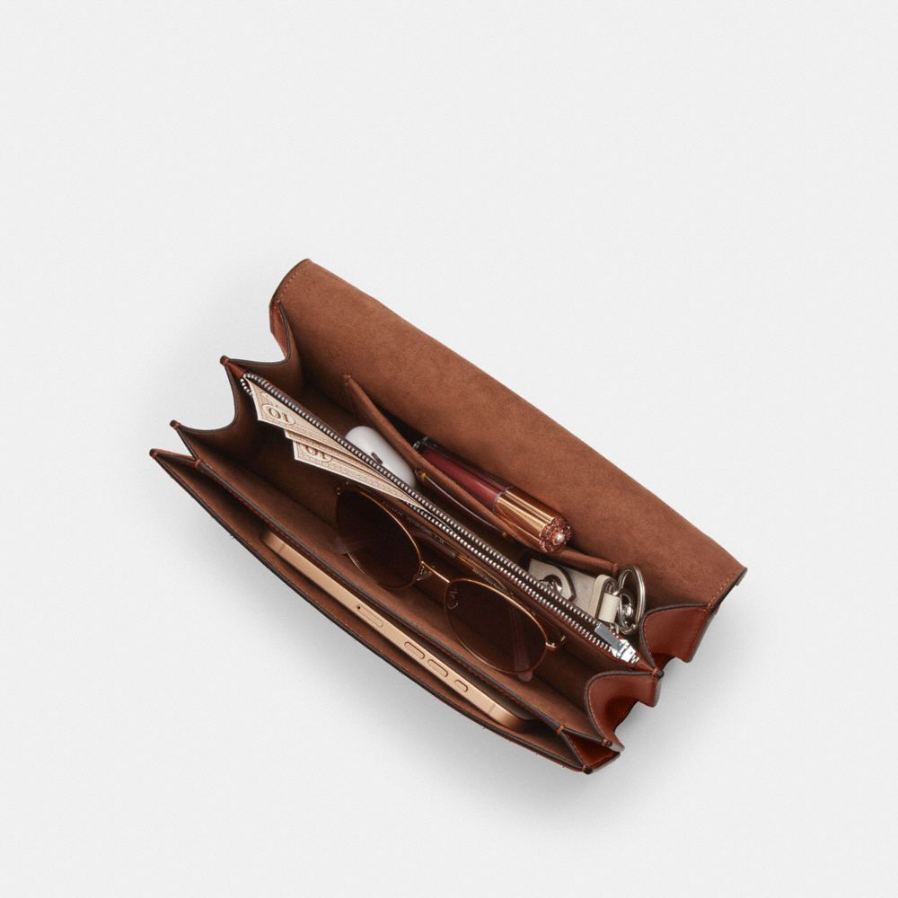 COACH®,Klare Envelope Crossbody Bag With Rivets,Leather,Crossbody,Metal,Logo,Studded,Embellished,Silver Metal,Day Party,Brown,Inside View,Top View