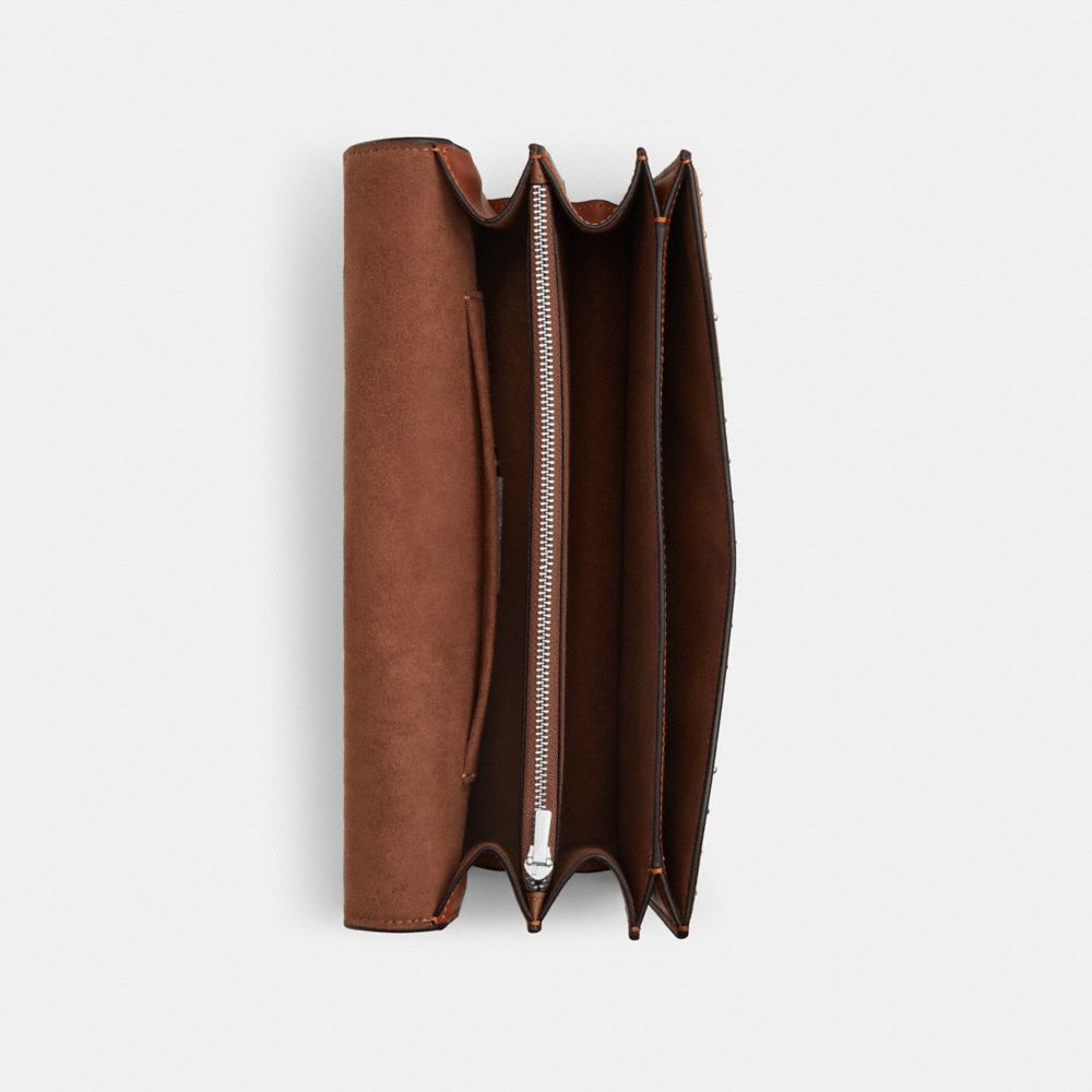 COACH®,Klare Envelope Crossbody Bag With Rivets,Leather,Crossbody,Metal,Logo,Studded,Embellished,Silver Metal,Day Party,Brown,Inside View,Top View