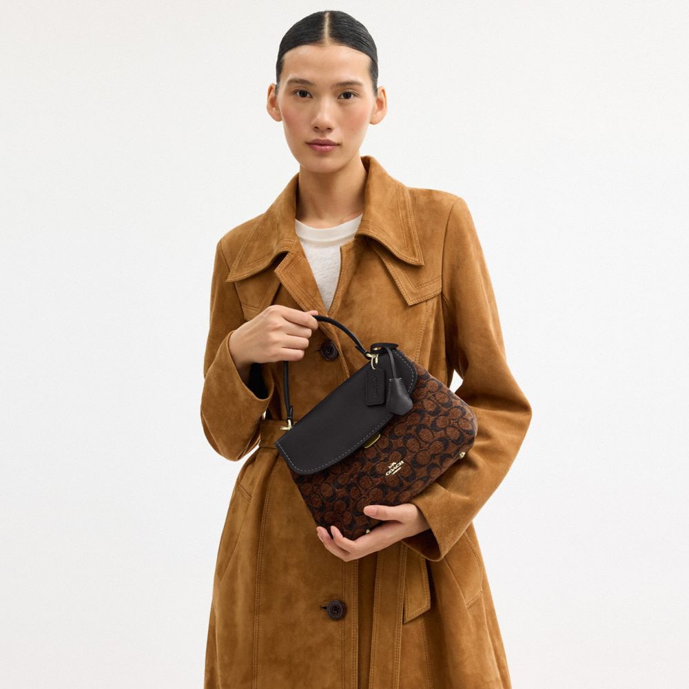 COACH®,Emory Top Handle Bag In Signature Chenille,Satchel,Color Block,Metal,Logo,Day Party,Brown,Detail View