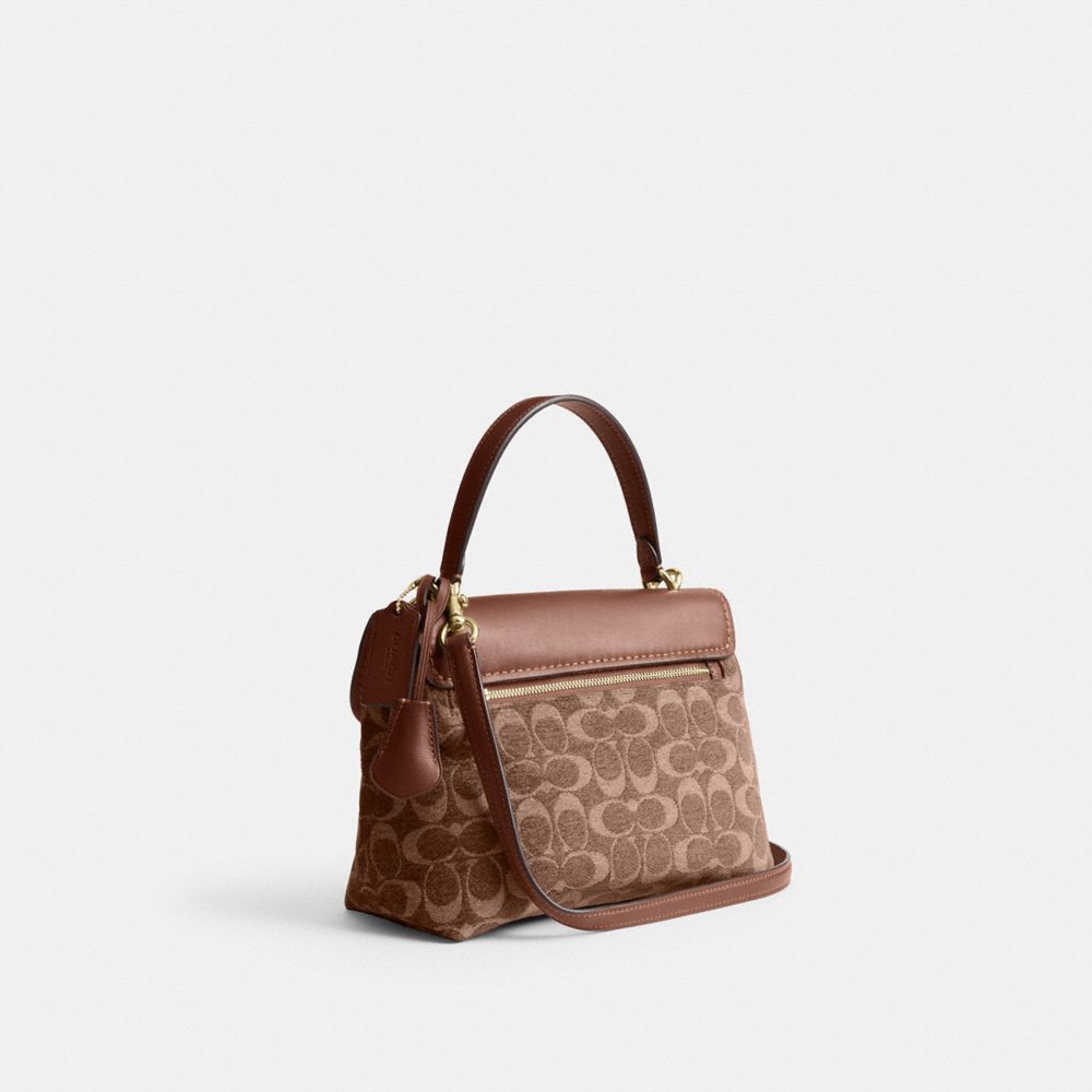 COACH®,Emory Top Handle Bag In Signature Chenille,Satchel,Metal,Logo,Color Block,Day Party,Brown,Angle View