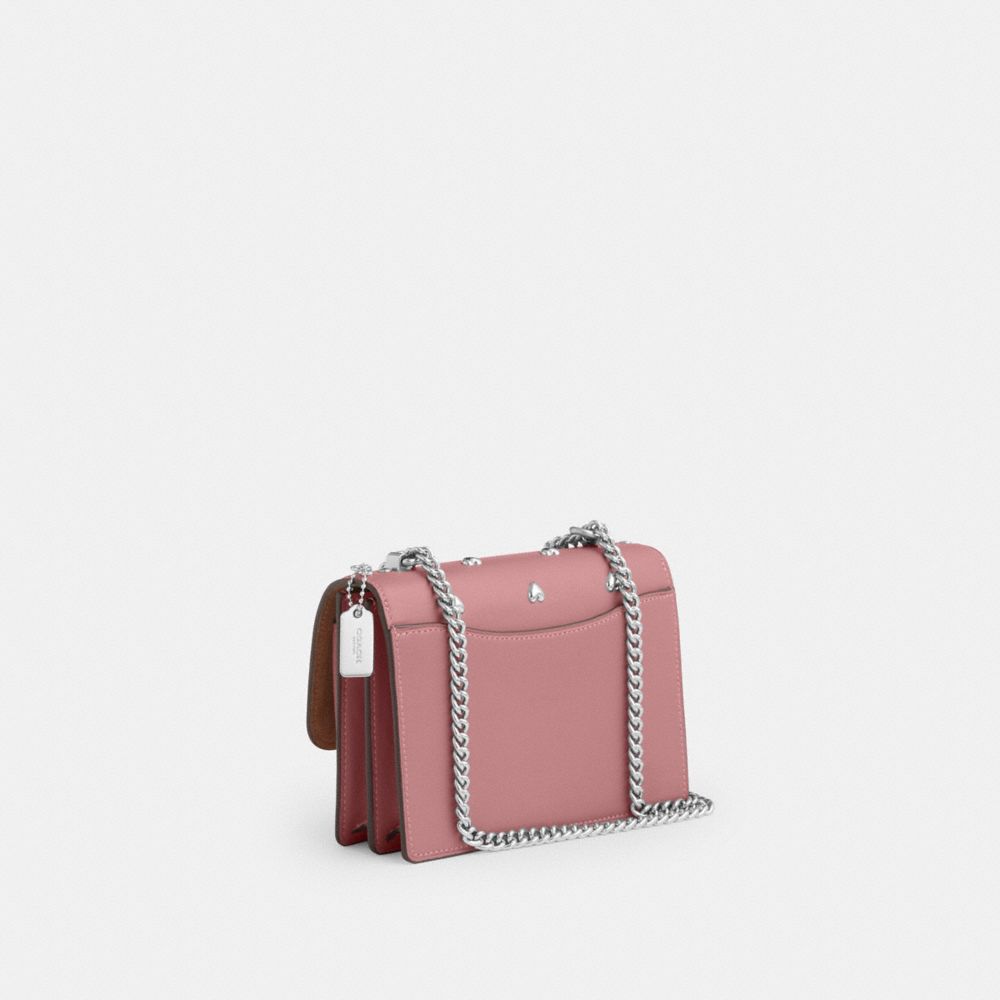 COACH®,Mini Klare Crossbody Bag With Heart Rivets,Leather,Crossbody,Metal,Logo,Heart Embellishment,Lined,Adjustable,Silver...,Blush,Angle View