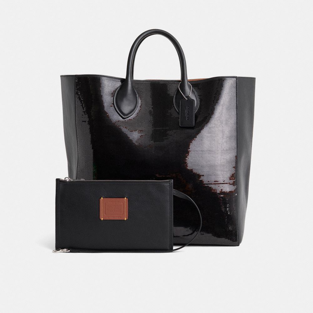 COACH®,Restored Leo Tote 37 With Sequins,Tote,Embellished,Logo,Sequin,Embossed,Day Party,Black,Angle View