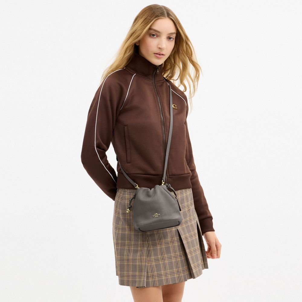 COACH®,Faye Mini Drawstring Bag With Quilting,Bucket,Logo,Metal,Adjustable,Shoulder Guard,Gold Metal,Day Party,Gray