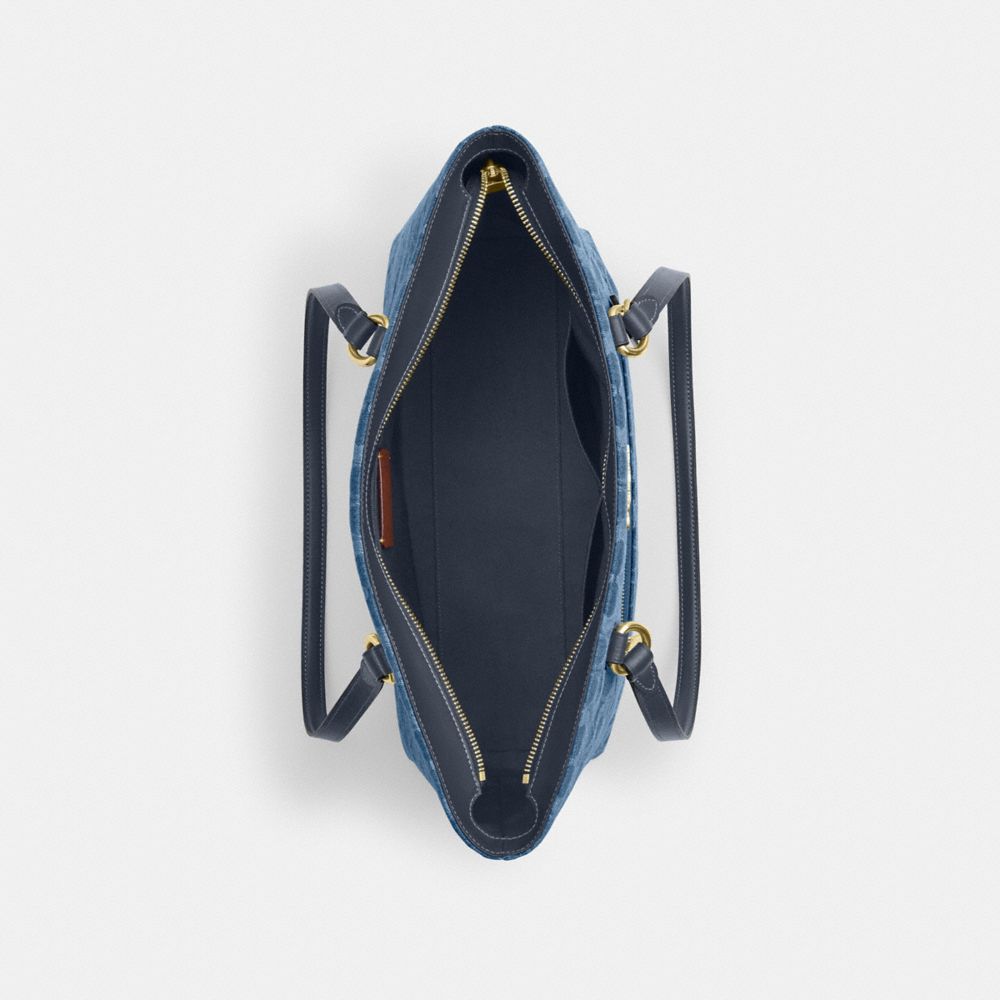 COACH®,Station Tote Bag In Signature Denim,Cotton,Leather,Tote,Logo,Casual,Navy,Inside View,Top View