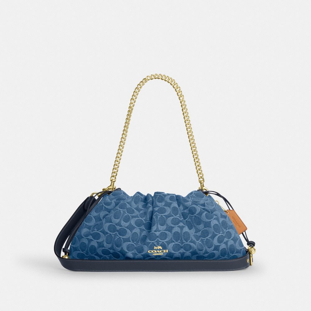 COACH®,Faye Large Shoulder Bag In Signature Denim,Navy,Front View