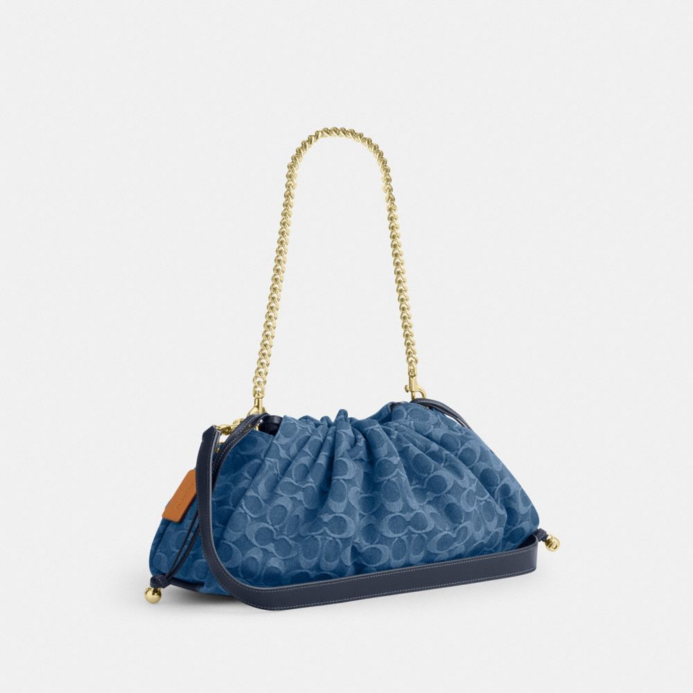COACH®,Faye Large Shoulder Bag In Signature Denim,Cotton,Leather,Bucket,Metal,Logo,Shoulder Guard,Sustainable,Gold Metal,D...,Navy,Angle View