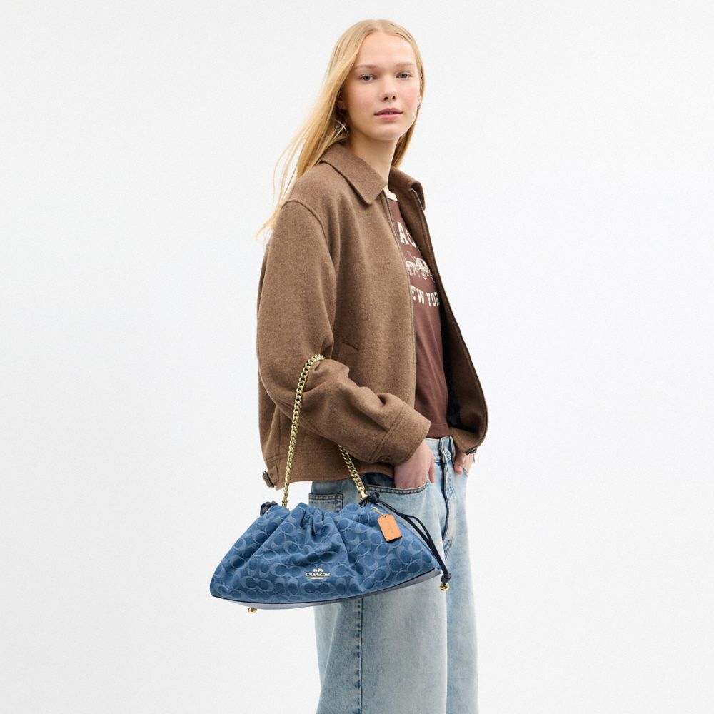 COACH®,Faye Large Shoulder Bag In Signature Denim,Navy,Detail View
