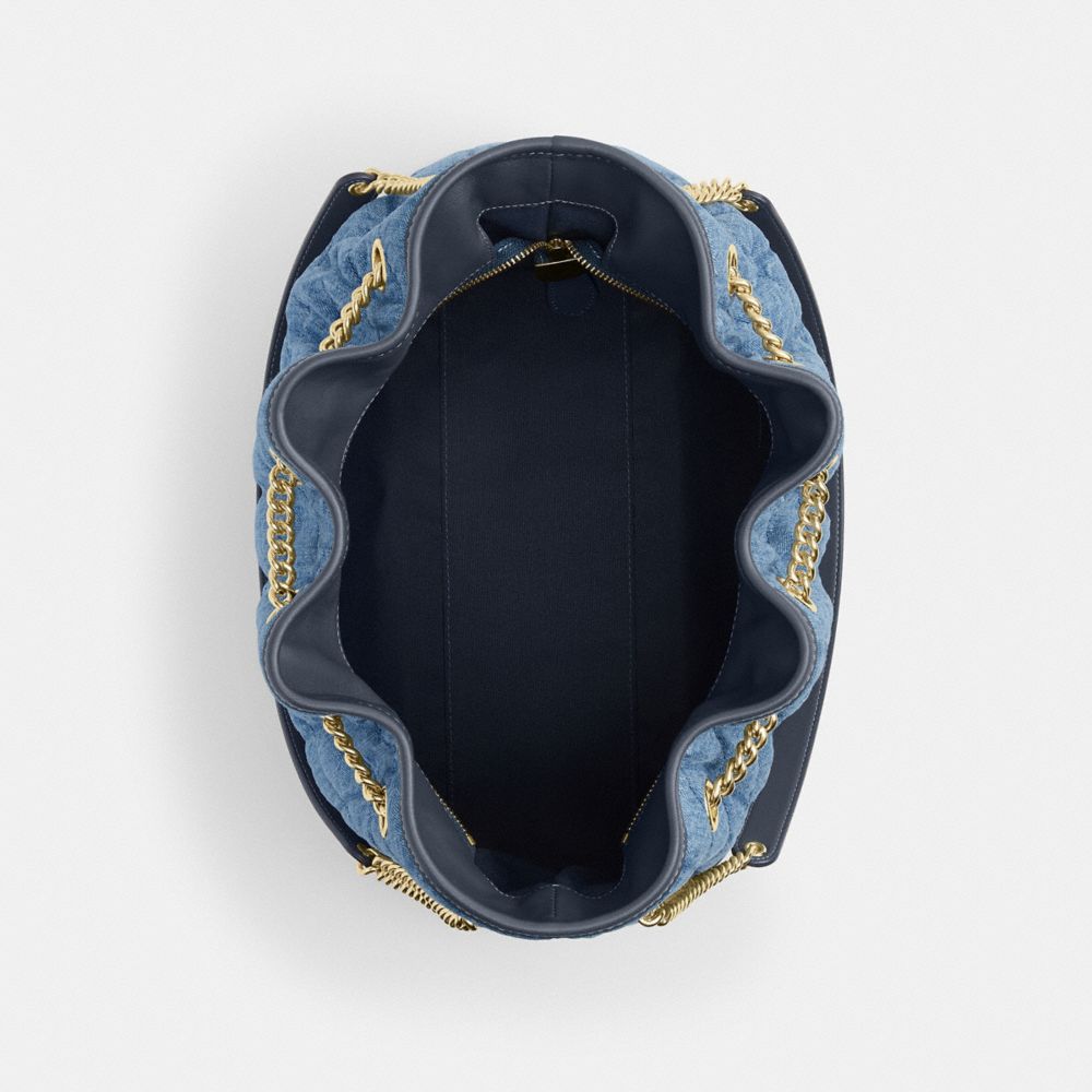 COACH®,Evelyn Large Shoulder Bag In Regenerative Cotton With Quilting,Cotton,Leather,Bucket,Logo,Metal,Piping,Sustainable,...,Blue,Inside View,Top View