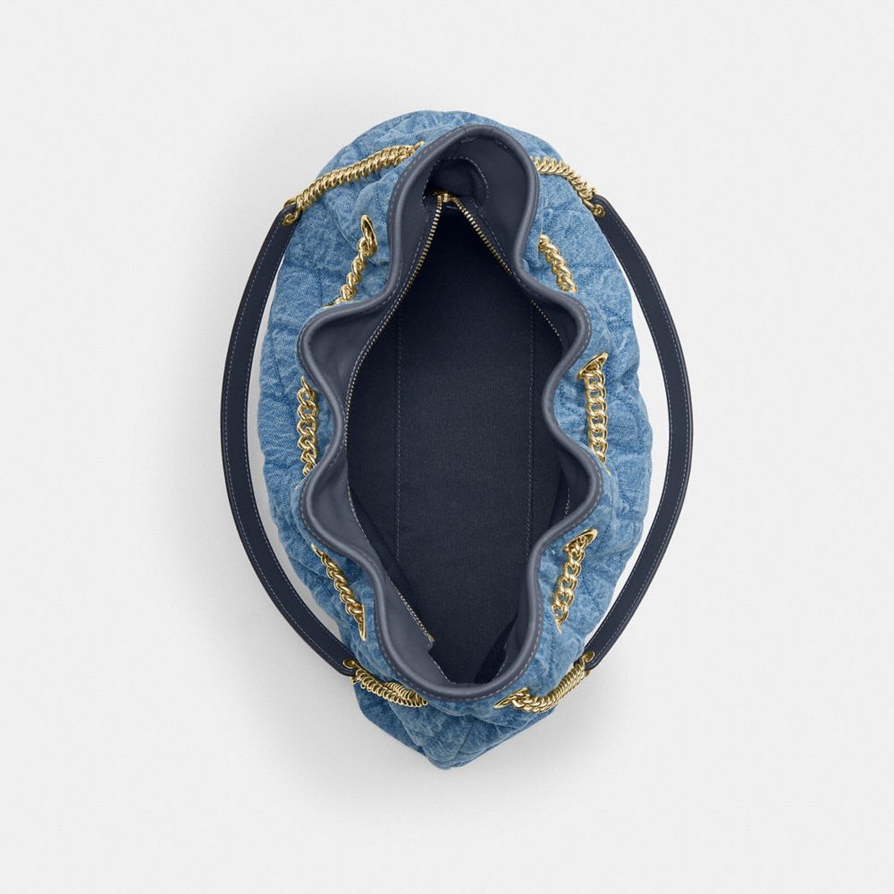 COACH®,Evelyn Shoulder Bag In Regenerative Cotton With Quilting,Leather,Denim,Cotton,Bucket,Logo,Metal,Piping,Casual,Blue,Inside View,Top View
