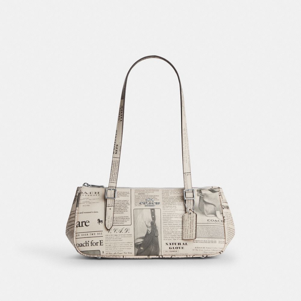 COACH®,Asher Shoulder Bag With Newspaper Print,Cream,Front View
