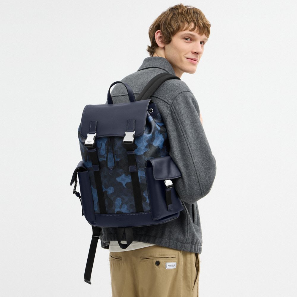 COACH®,Clark Backpack In Signature Camo Print,Navy,Detail View