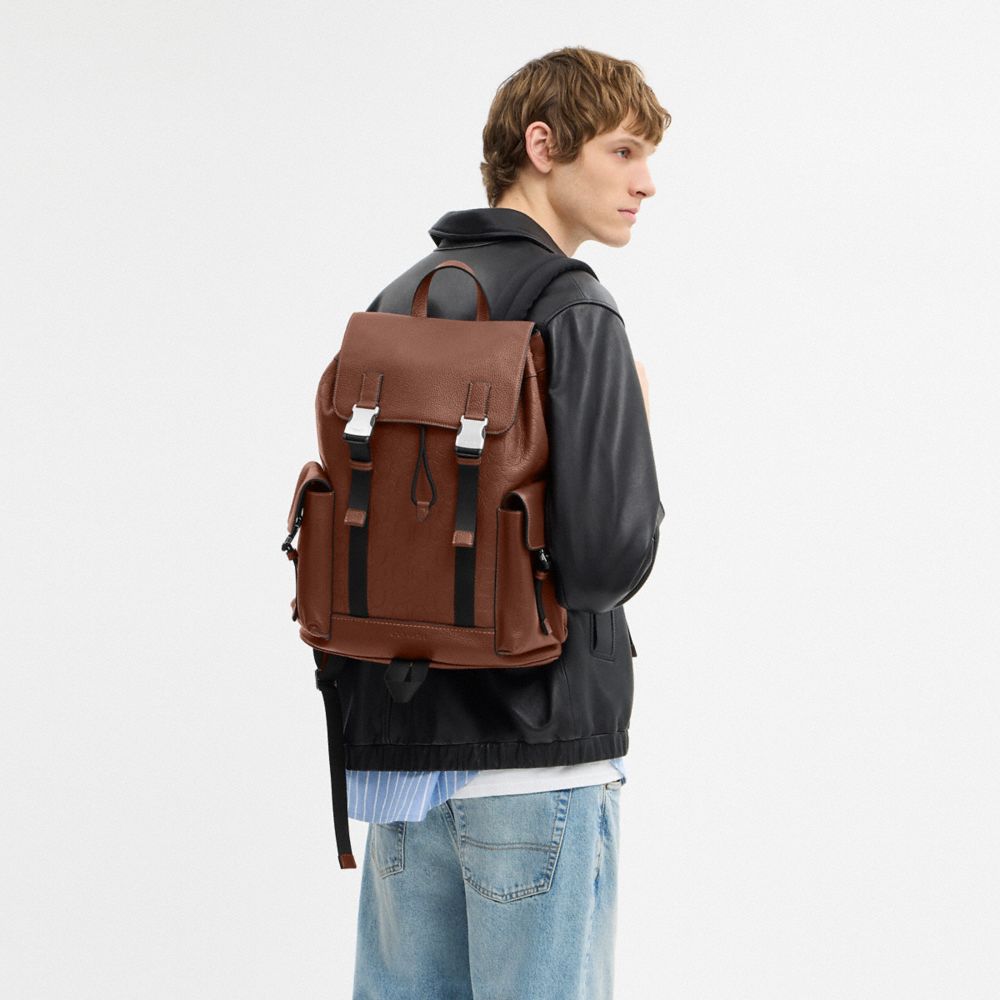 COACH®,Clark Backpack In Signature Leather,Leather,Backpack,Embossed,Logo,Stripe,Suitcase Sleeve,Casual,Brown,Detail View
