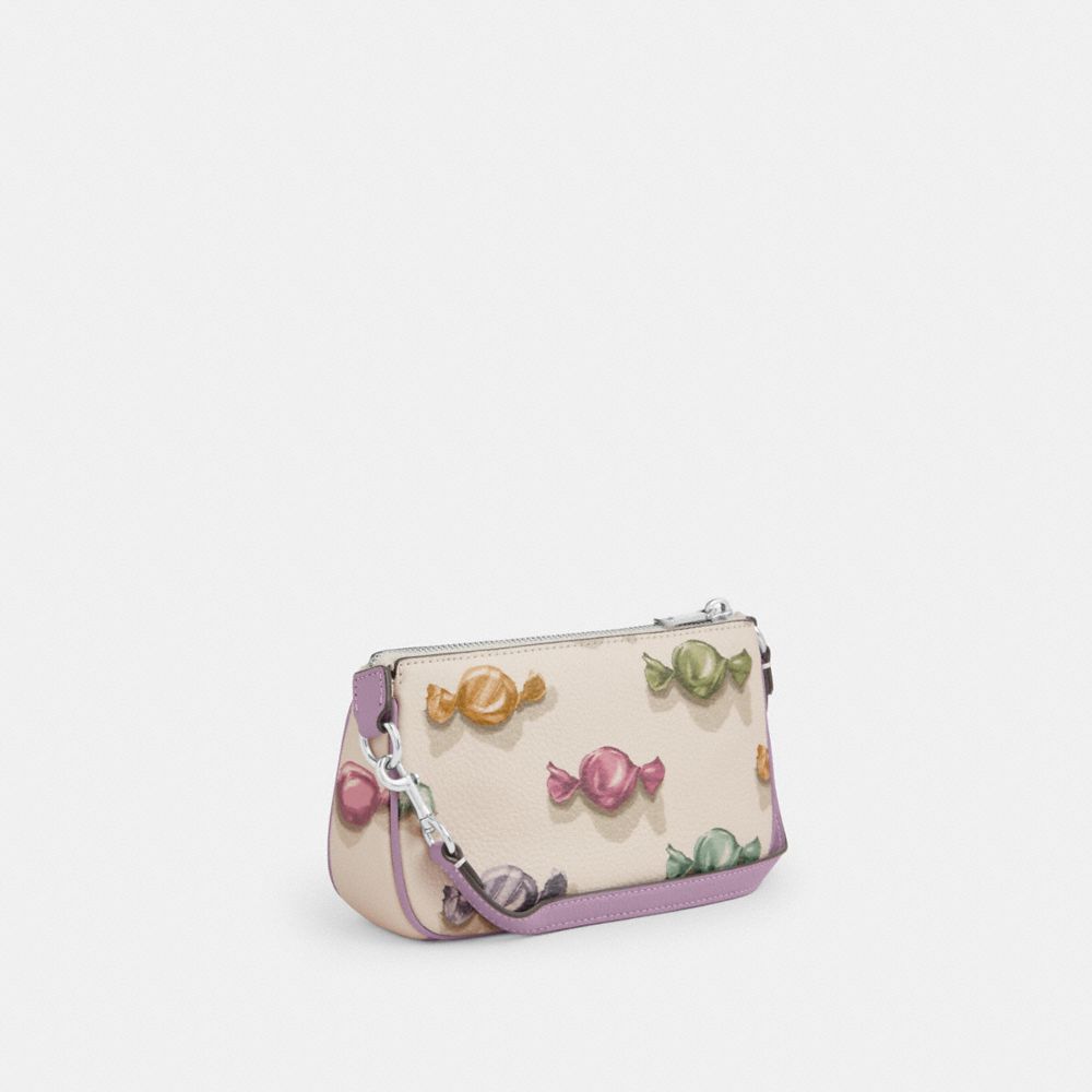 COACH®,Nolita 19 With Candy Print,Leather,Shoulder Bag,Logo,Metal,Compact,Lined,Silver Metal,Casual,Cream,Angle View