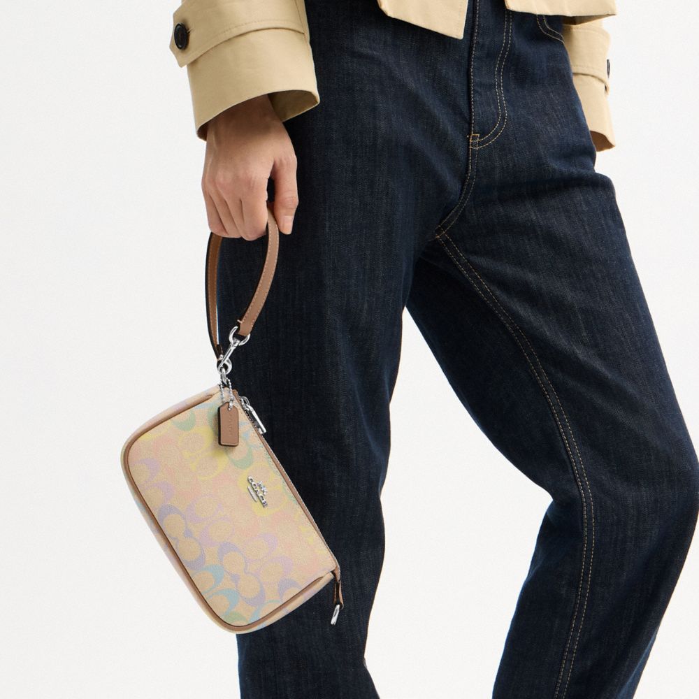 COACH®,Nolita 19 In Rainbow Signature Canvas,Canvas,Shoulder Bag,Metal,Logo,Silver Metal,Casual,Beige,Detail View