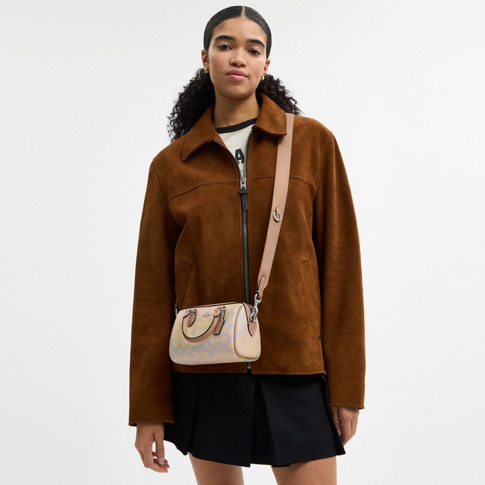 COACH®,Mini Rowan Crossbody Bag In Rainbow Signature Canvas,Canvas,Barrel Bag,Metal,Piping,Logo,Adjustable,Compact,Lined,C...,Beige