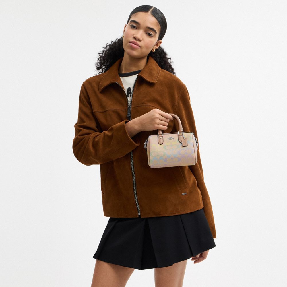 COACH®,Mini Rowan Crossbody Bag In Rainbow Signature Canvas,Canvas,Barrel Bag,Metal,Piping,Logo,Adjustable,Compact,Lined,C...,Beige,Detail View