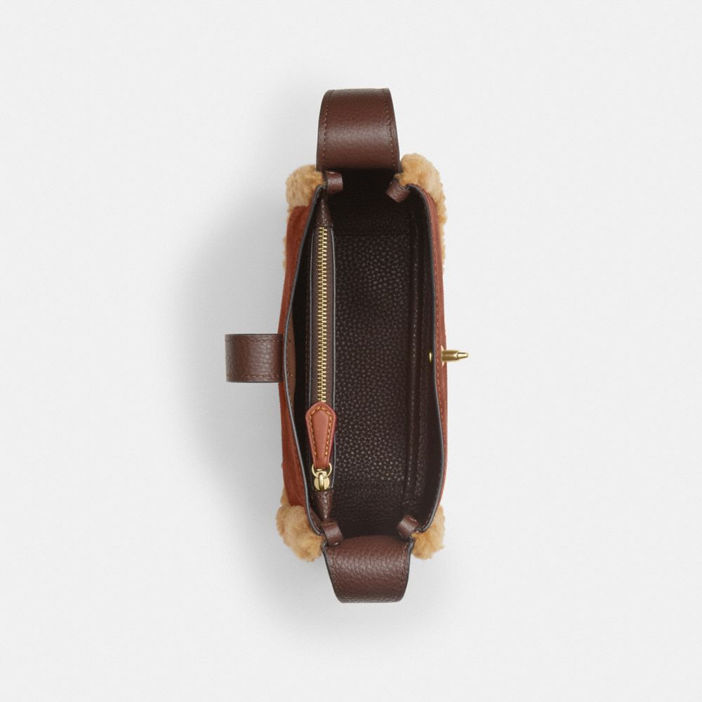 COACH®,Hadley Mini Crossbody Bag,Shearling,Leather,Suede,Crossbody,Logo,Metal,Piping,Shearling,Adjustable,Casual,Brown,Inside View,Top View