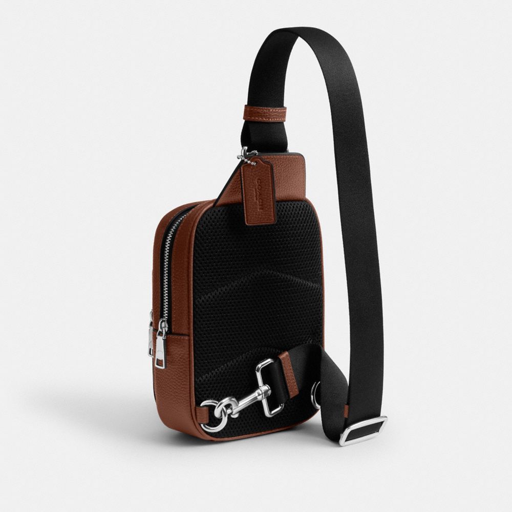 COACH®,Racer Sling Pack In Signature Leather,Brown,Angle View