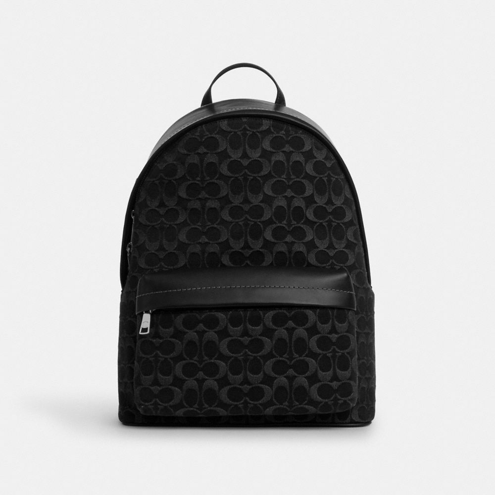 COACH®,Taylor Backpack In Signature Denim,Calfskin Leather,Leather,Cotton,Denim,Backpack,Logo,Suitcase Sleeve,Adjustable,L...,Black,Front View