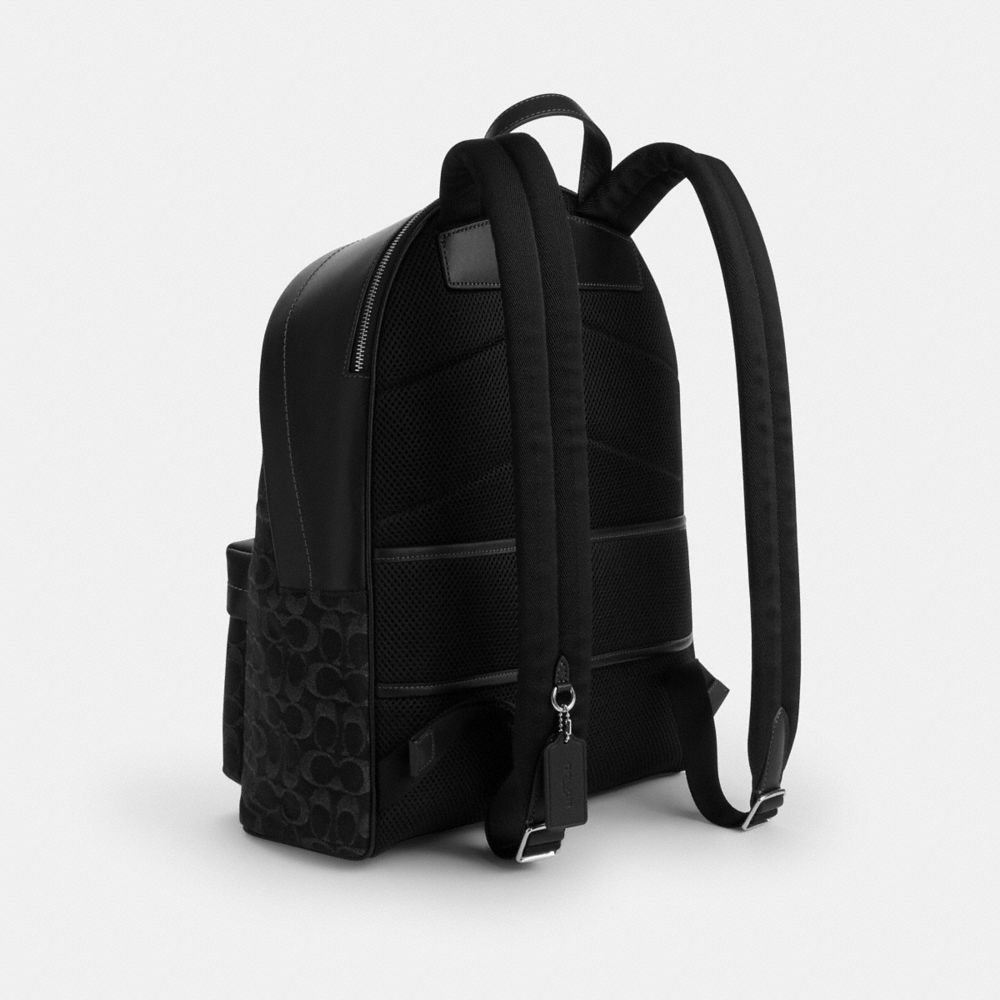 COACH®,Taylor Backpack In Signature Denim,Calfskin Leather,Leather,Cotton,Denim,Backpack,Logo,Suitcase Sleeve,Adjustable,L...,Black,Angle View
