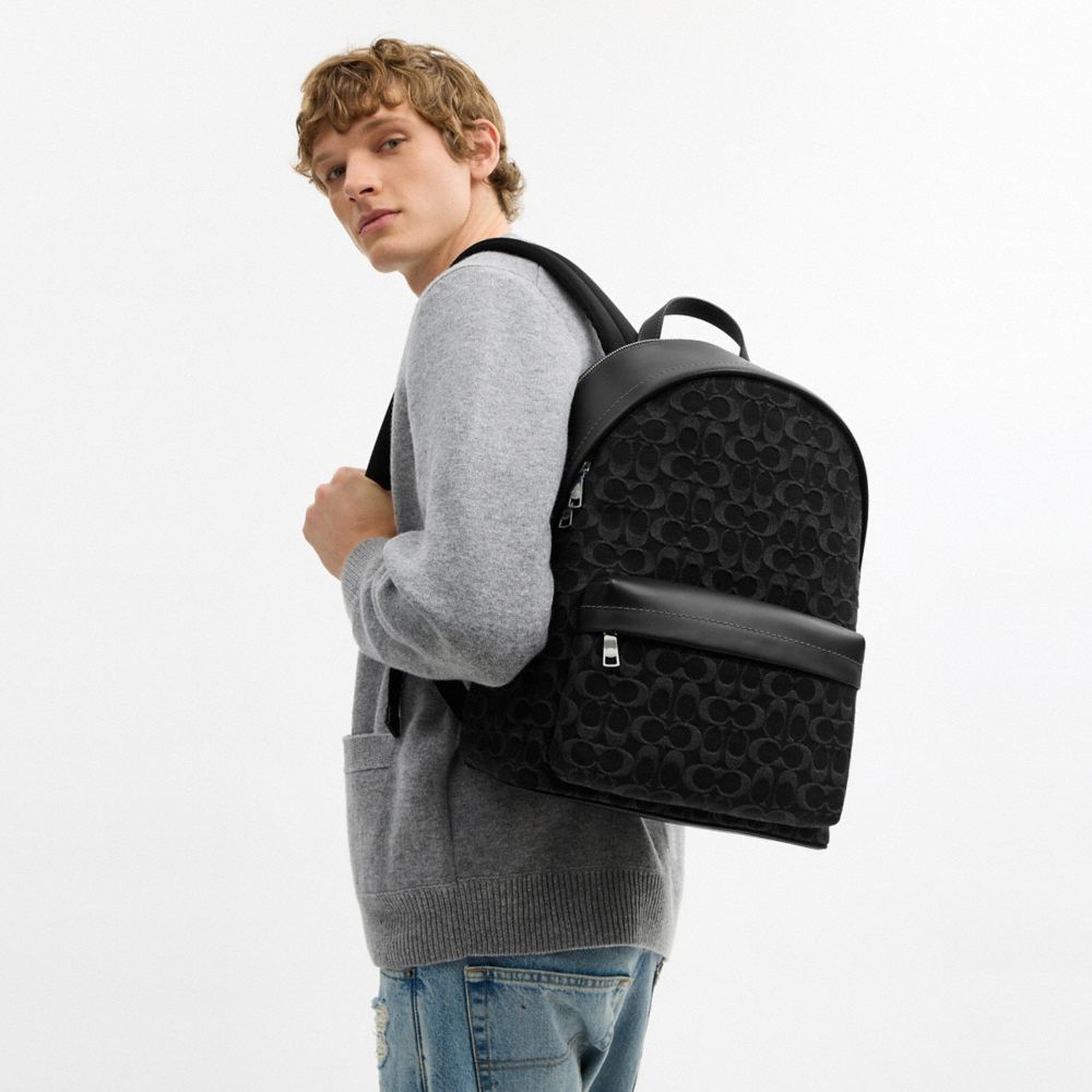 COACH®,Taylor Backpack In Signature Denim,Calfskin Leather,Leather,Cotton,Denim,Backpack,Logo,Suitcase Sleeve,Adjustable,L...,Black,Detail View
