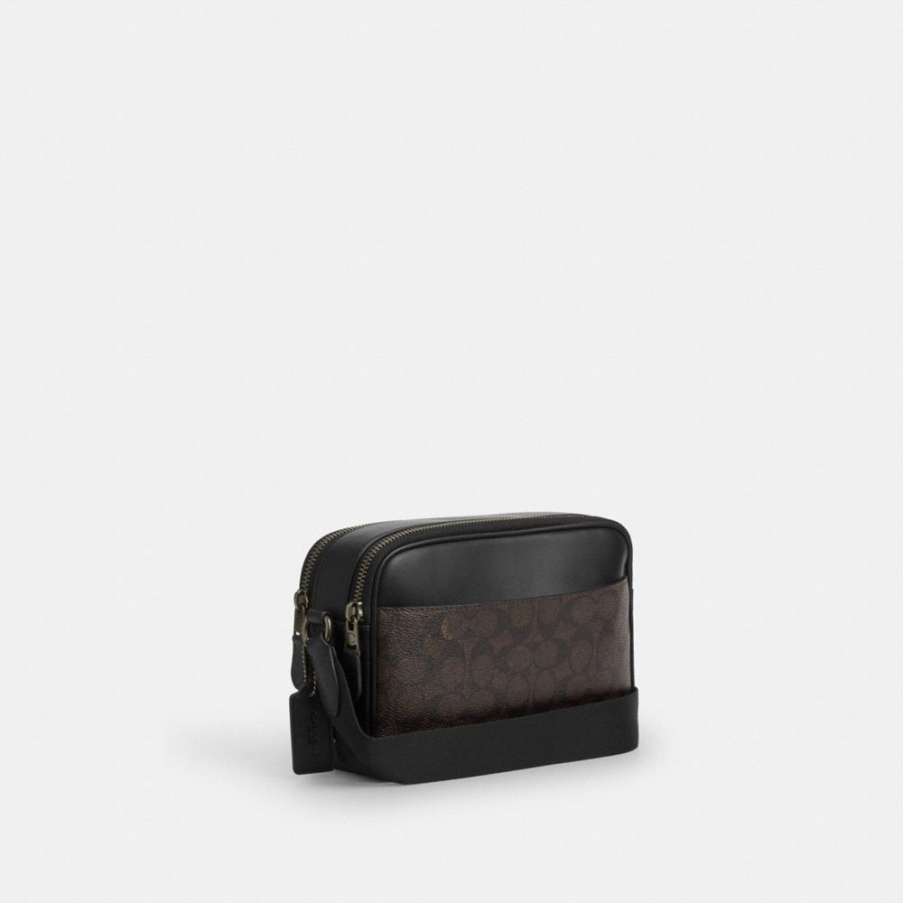 COACH®,Graham Crossbody Bag In Signature Canvas With Varsity Stripe,Brown,Angle View