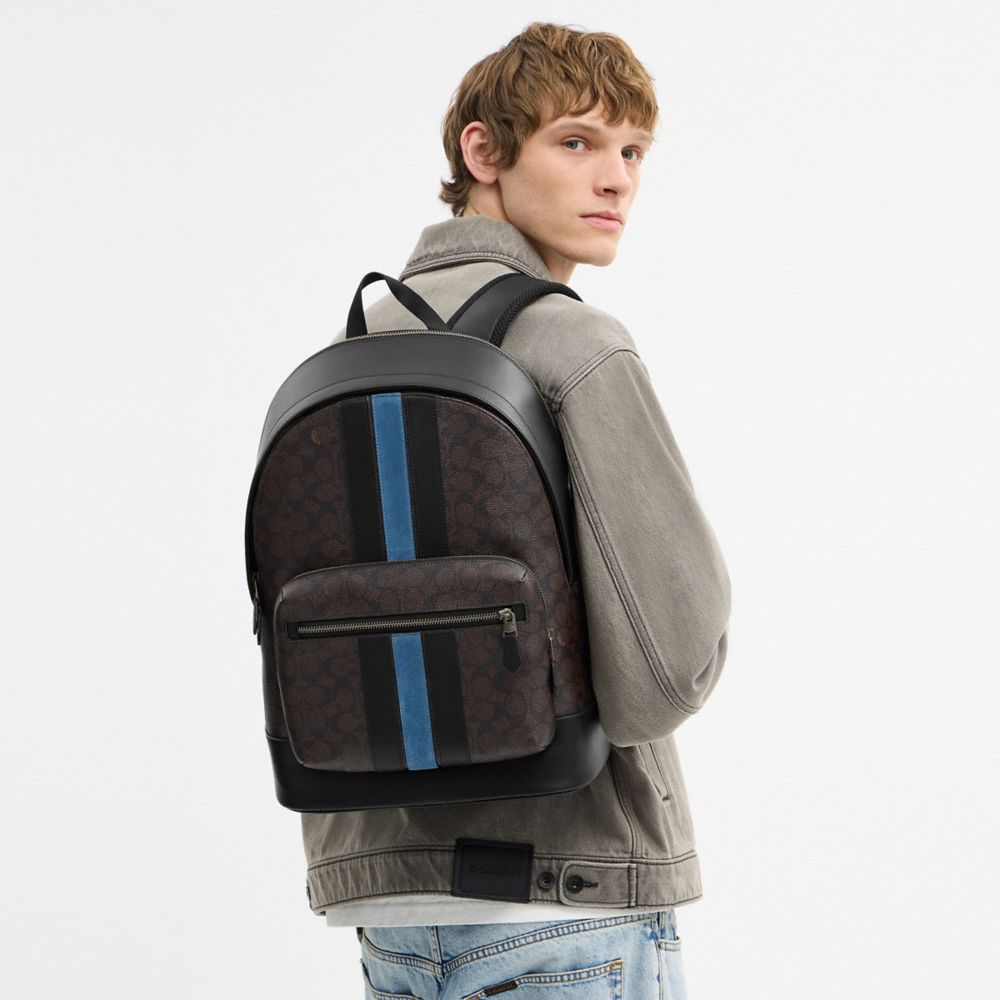 COACH®,West Backpack In Signature Canvas With Varsity Stripe,Gray,Detail View