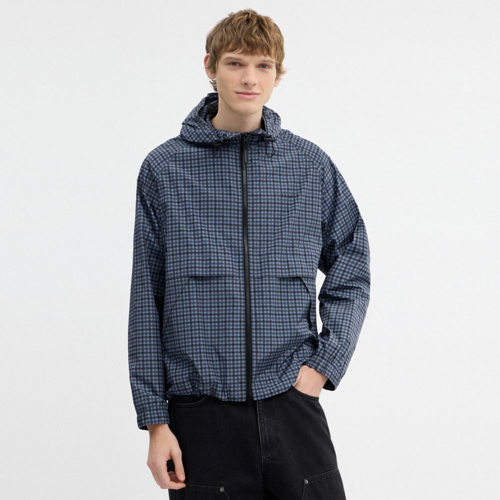 COACH®,Plaid Windbreaker In Recycled Polyester,Recycled Polyester,Lining Recycled Polyester,Polyester,Windbreaker,Drawstri...,Gray,Scale View