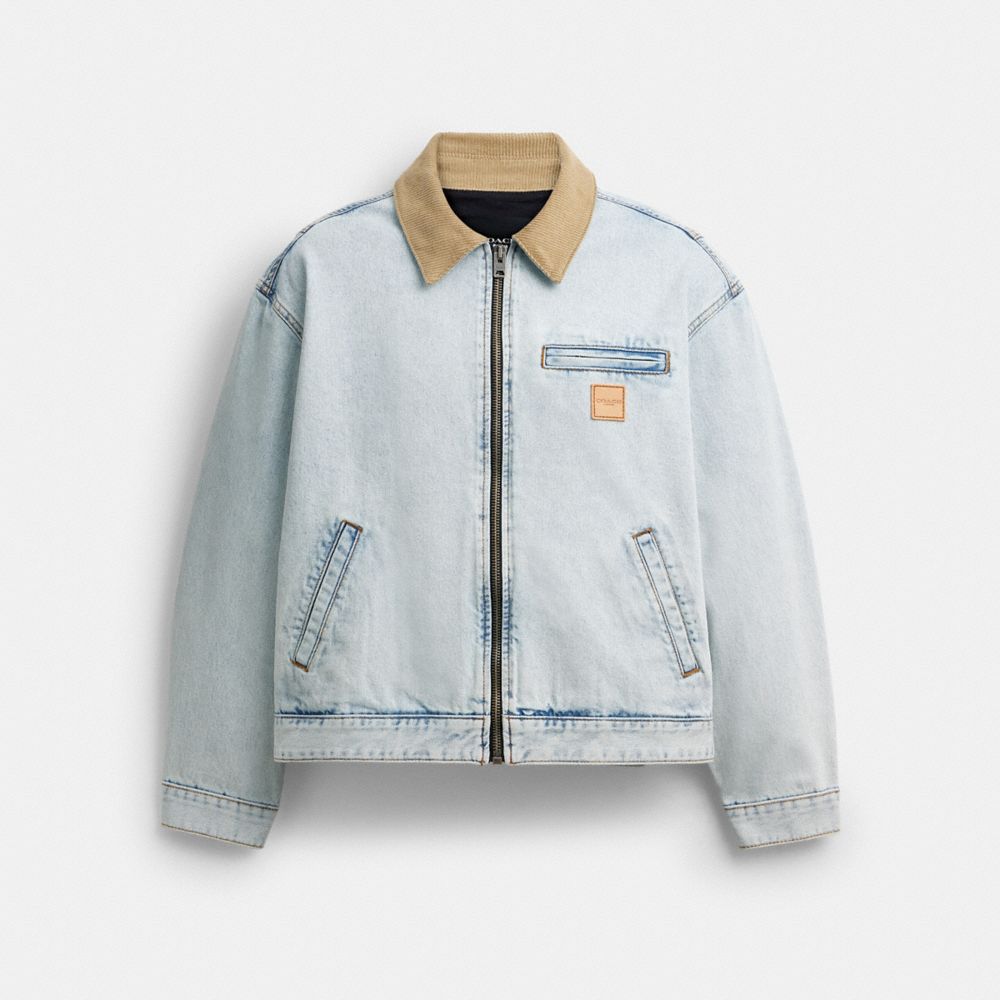COACH®,Denim Work Jacket,Viscose,Leather,Cotton,Polyester,Denim,Mixed Media,Casual,Blue,Front View